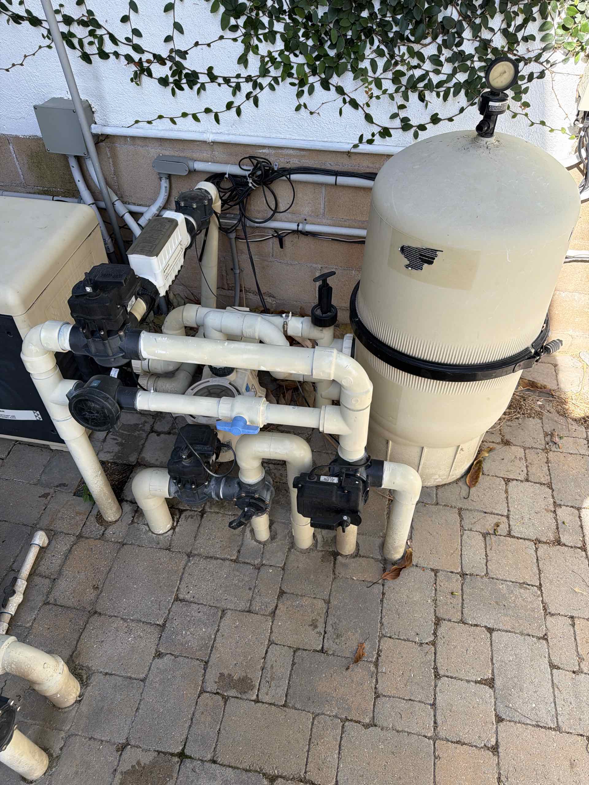 Pool equipment setup: large beige sand filter tank, pumps, and white PVC piping against a wall with climbing vines.